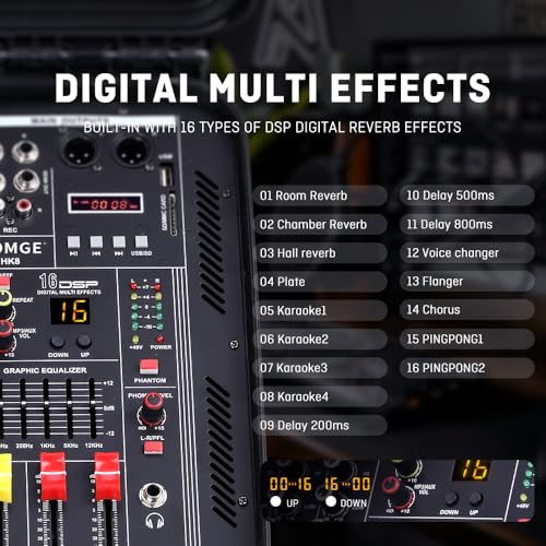 Image of BOMGE Professional Audio Mixer, 8-Channel Sound Board with DSP, Bluetooth, USB, +48V Phantom Power, XLR /RCA Inputs (HK8-8Ch 2x350w)