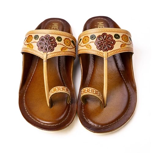 Image of Women Ladies Kolhapuri Genuine Leather Chappal Flats - Slip on Traditional Handcrafted Ethnic and Casual Toe Ring Sandals