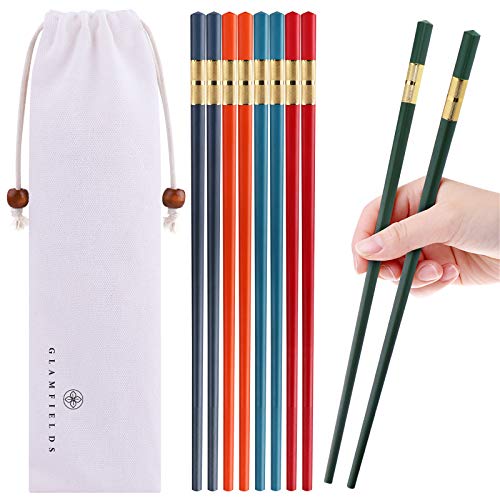 5 Pairs Fiberglass Chopsticks, GLAMFIELDS Reusable Japanese Chinese Chop sticks Dishwasher Safe, Non-slip, 9 1/2 inches - Multicolor with Multi-purpose Cotton Drawstring Bag Carrying Case