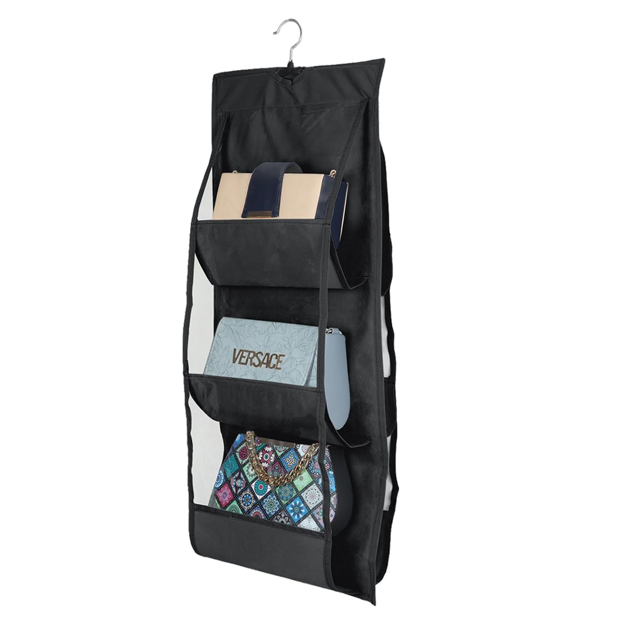 DOUBLE R BAGS Dust Proof Hanging Handbag Purse Organizer With 4 Large Compartments & Hanger For Wardrobe, Closet Storage With Zipper. (Black, Pack of 1)-image-16