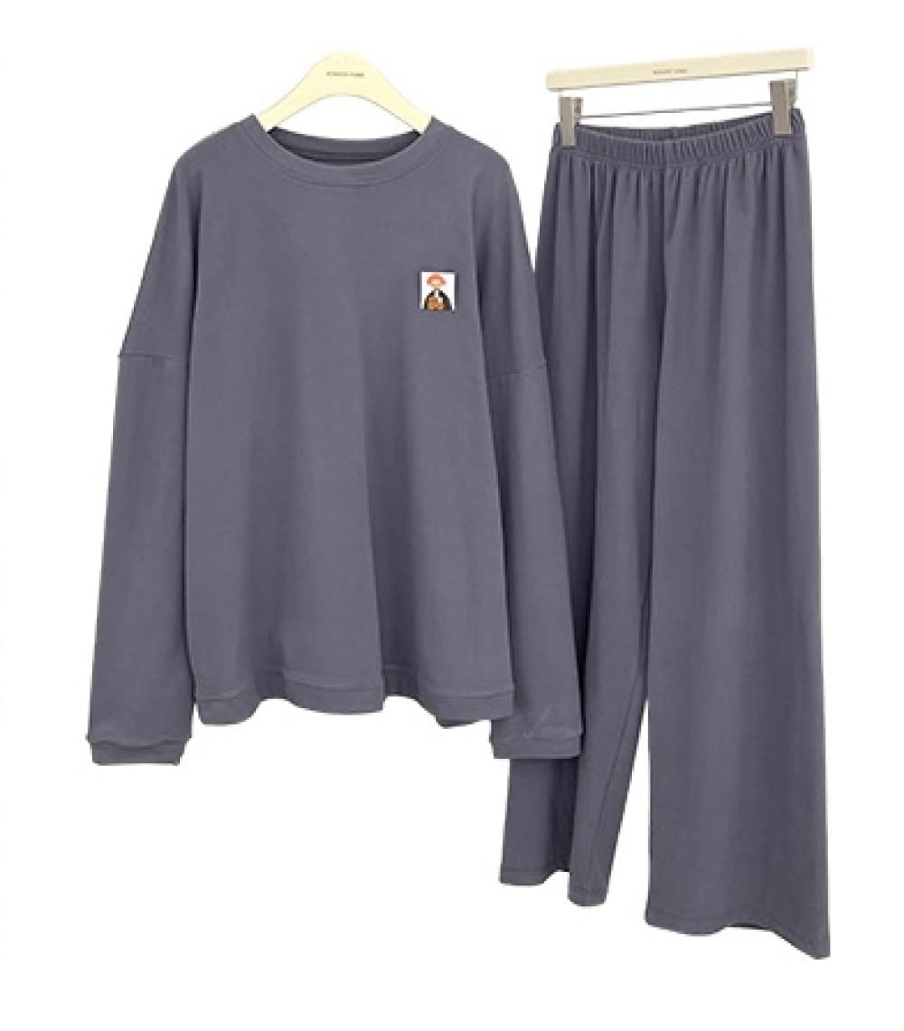 Ensembles De Pyjama Femme,Ensemble De Pyjama en Polyester pour Femmes À Col Rond Gris Foncé Pyjama À Manches Longues Simple Et Régulier pour Femmes Ensemble Deux Pièces Cadeau De Festival Adapt