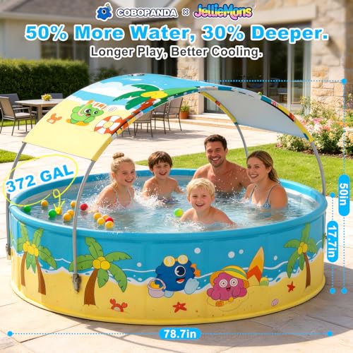 Image of Foldable Swimming Pool with Canopy for Kids 78.7 inchx17.7 inch Hard Plastic Portable Dog Pool Anti-Slip Collapsible Large Kiddie Pool Indoor Outdoor Backyard (JellieMons 79'')