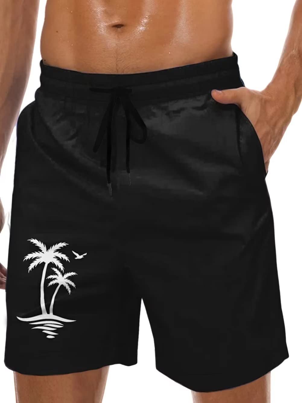 Men's Swim Trunks Hawaiian Bathing Mesh Lining Suit Swimsuits Beach Shorts with Pockets, Black-Coconut Tree, XXL