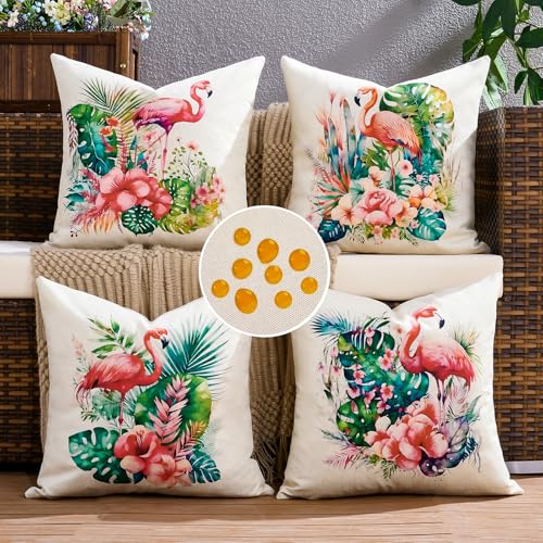 Aisybaklyn Fundas Cojines Hojas Tropicales 45 x 45 cm Funda de Almohada Hojas de Flamencos Verde Poliéster Lino de Imitación Cojines Decorativos para Sofá Hogar Jardín Exterior Verano Juego de 4