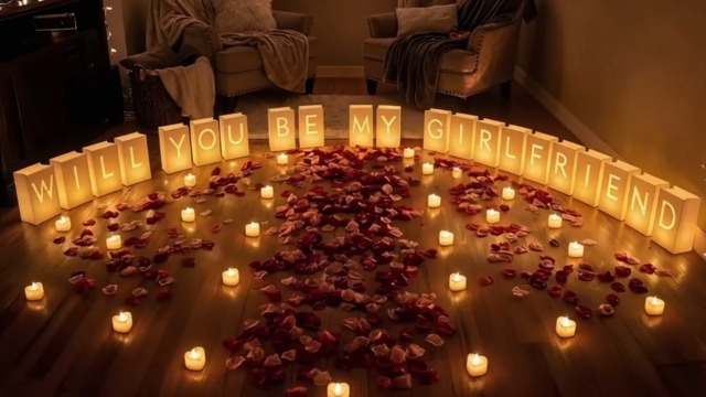 Image of Proposal Decor - Will You Be My Girlfriend Light Up Letters Luminaries Bags | Be My Girlfriend Proposal and Sign | 30PC Flameless Tea Candles and 2000PC Fake Rose Petals | Battery Include