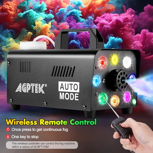 Image of AGPTEK Fog Machine, 500W Portable Led Smoke Machine with Lights (Red, Blue, Green), Upgraded Auto Mode & Wireless Remote Control for Halloween, Christmas, Wedding, Parties, DJ Performance & Stage Show