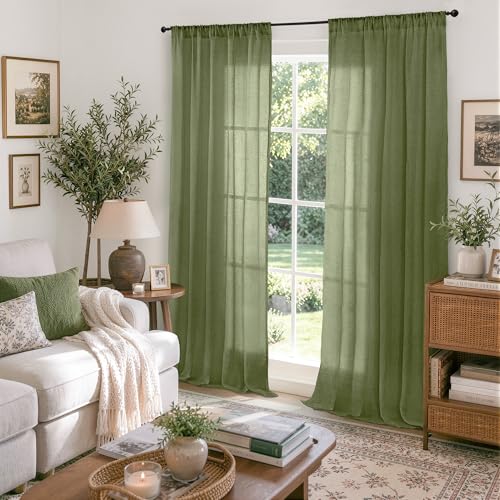Image of BGment Olive Green Linen Sheer Curtains 84 Inches Long for Living Room | Light Filtering Drapes with Rod Pocket Lightweight Window Treatments for Dining Room Bedroom, 2 Panels, 52 X 84 Inch