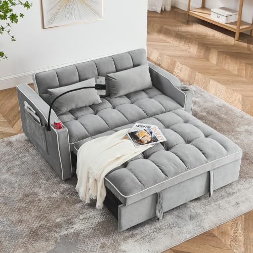 Multifunctional Foldable Velvet Sofa Bed with Storage Pockets, Black with White Piping, 173cm, 3-in-1 Convertible Sleeper Couch with Cup Holder and USB Ports (Grey)
