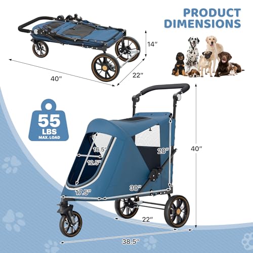 Image of Magshion Pet Stroller for Medium Large Dog, 3-Wheel Foldable Jogger, Navy | All-Terrain with Adjustable Handle, Dual Entry, Rear Storage, Breathable Mesh, One-Foot Brake, Up to 55 lbs