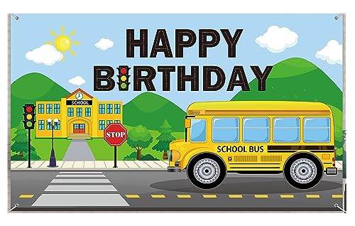Image of 1 pc Wheels Bus Theme Backdrop Cloth (6.5ft X 5ft) School Bus Theme Birthday Decoration Items Wheel On the Bus Background Curtain (Pack of 1, Multicolor)