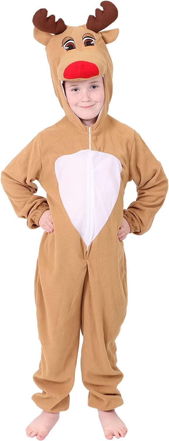 Childs Reindeer Christmas Costume - All-In-One Jumpsuit with Rudolph Hood Xmas Costume - Santa's Helper Rudolf The Red Nosed Reindeer Christmas Fancy Dress Costume