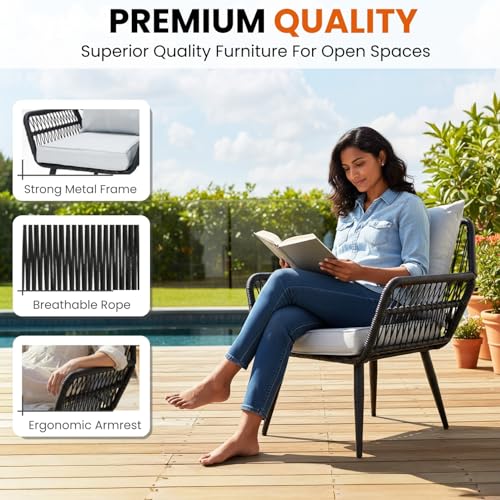 Image of DEVOKO Rope 3-Piece Outdoor Patio Garden Chair Table Bistro Set with Water-Resistant Cushions & HDPE Metal Frame for Balcony, Terrace, Poolside(Black & Grey)