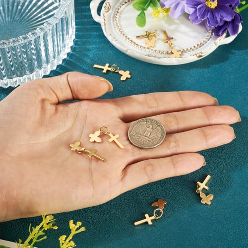 Image of 10Pcs 18K Gold Plated Cross Charms Brass Golden Crucifix with Butterfly Pendants Metal Permant Jewelry Charms with Jump Ring for DIY Bracelets Necklaces Earring Jewelry Making