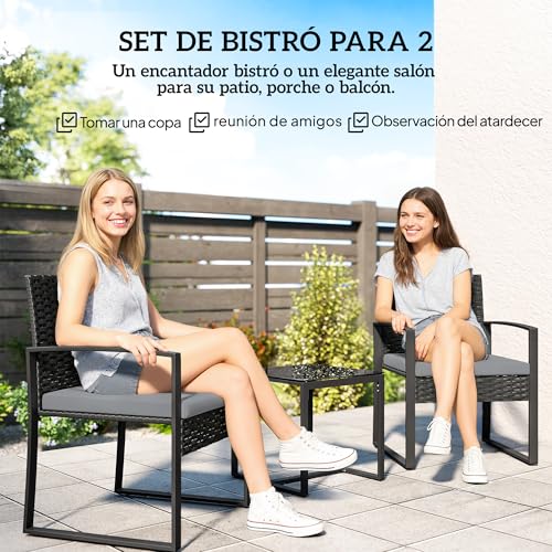 Outsunny Conjunto de Jardín Exterior de 3 Piezas, Muebles Jardín Exterior de Ratán con 2 Sillas con Cojines Lavables y Mesa de Vidrio Templado, Resistente a Intemperie, para Balcón, Patio, Gris Claro - imagen 3