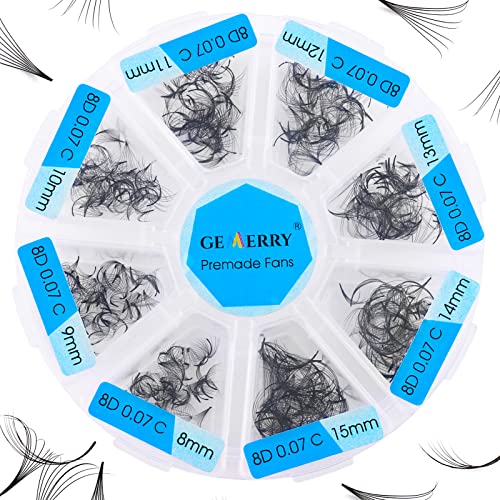 Pre made Fan Volume Eyelash Extensions 8D 8-15mm mix 500PCS Premade Fans C Cur Russian Pro Lashes Handmade Volume Eyelashes Individual Eyelashes Gemerry Lashes(8D-0.07C-8-15mm)