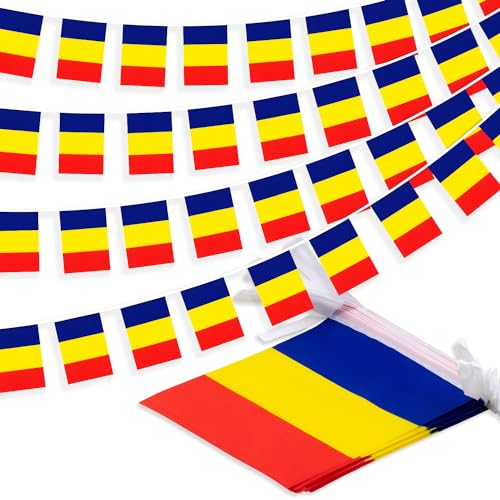 Image of Romania String Flag Pennant Banner, Small Mini Romanian Flags Bunting Banner, National Country Decoration for School, Party, Sports Events, Patriotic Festival, 33 Feet 30 Flags