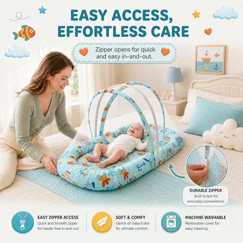 Image of StarAndDaisy 3-in-1 Baby Nest with Mosquito Net, Soft Baby Bedding Set and Sleeping Mattress, Portable Travel Bed, Comfortable Baby Lounger for Newborn Boys and Girls