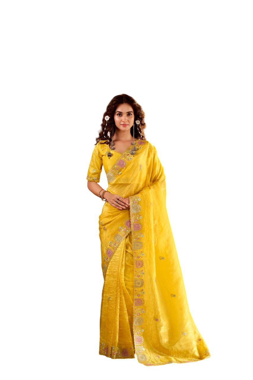 munir Gold Crunchy Silk Saree for Women with Multicolor Thread Embroidery, Patch Work & Cutwork Border – Festive, Wedding, Party Sari with Unstitched Blouse Piece-picture-32