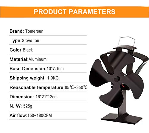Tomersun 4 Blades Heat Powered Stove Fireplace Fan for Home Wood Log Burning Fireplace Circulating Warm Air Saving Fuel Efficiently