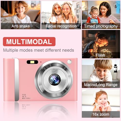 Câmera digital compacta de 48 MP 1080p HD com zoom de 16x, tela IPS de 2,4 polegadas, pequena, cartã