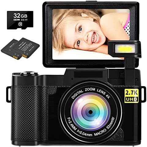 CEDITA 2.7K Digital Camera Vlogging Camera 30MP Full HD Digital Camera with Retractable Flash Light Camera 3 Inch Flip Screen Vlogging Camera for YouTube with Two Batteries, Black