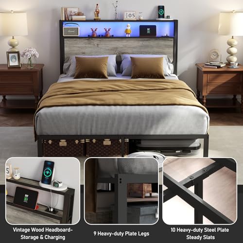 Image of Queen Size Bed Frame with Headboard, Metal Platform Bed Frame with LED Lights & Charging Station, Under Bed Storage, Solid and Stable, No Box Spring Needed, Noise Free, Easy Assembly, Rustic Grey