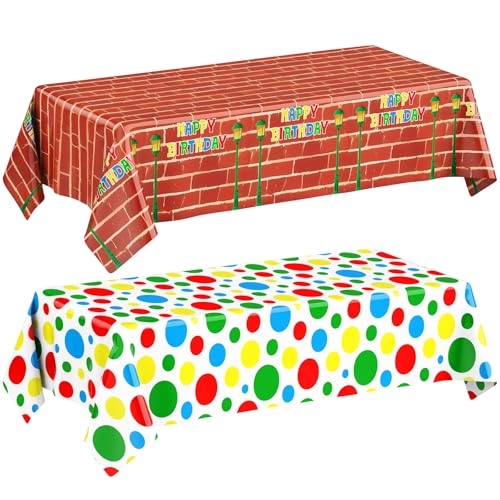 Oudain 2 Sheets Red Brick Wall Tablecloth Party Decorations for Street Red Brick Table Cloth 54 x 108 Inch Colorful Dots Table Cover Cartoon Birthday Party Supplies for Friends