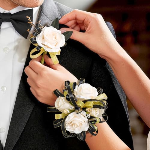 Cilimnas Prom Corsage and Boutonniere Set Champagne Artificial Silk Rose Wrist Corsage for Homecoming Formal Dance Party Wedding Graduation Anniversary
