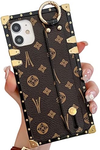 TRODINO Square Leather iPhone 11 Case with Wristband Strap, Luxury Designer Case for Women Girls, Holder Ring Kickstand [Raised Reinforced Corner] Shockproof Protective Case 6.1” (Brown)