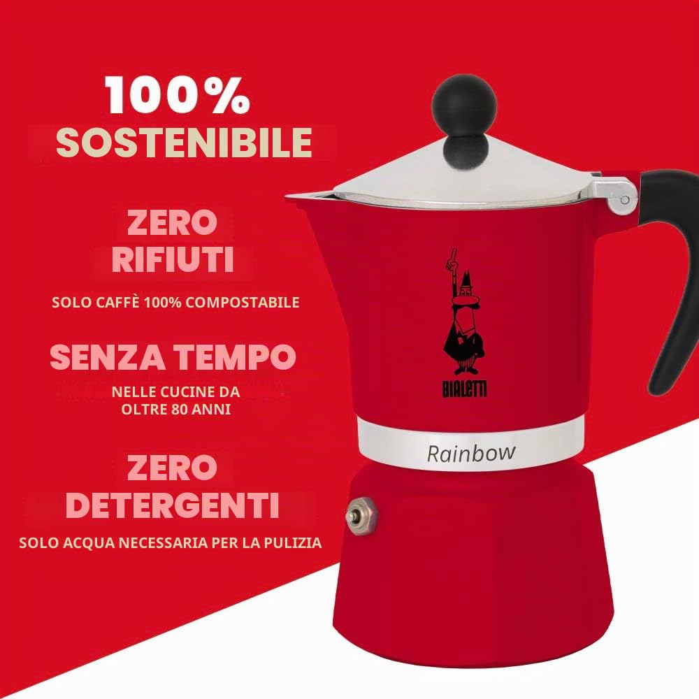 Bialetti Rainbow Caffettiera Colorata, Alluminio, Rosso, 3 Tazze