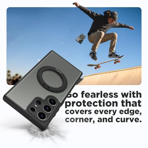 Image of RIGGEAR Shockproof Sleek Hybrid Armor 360 Rotating Magnetic Ring Stand Back Cover Case Compatible with MagSafe Accessories for Samsung Galaxy S23 Ultra (Clear PC + Black TPU Bumper)