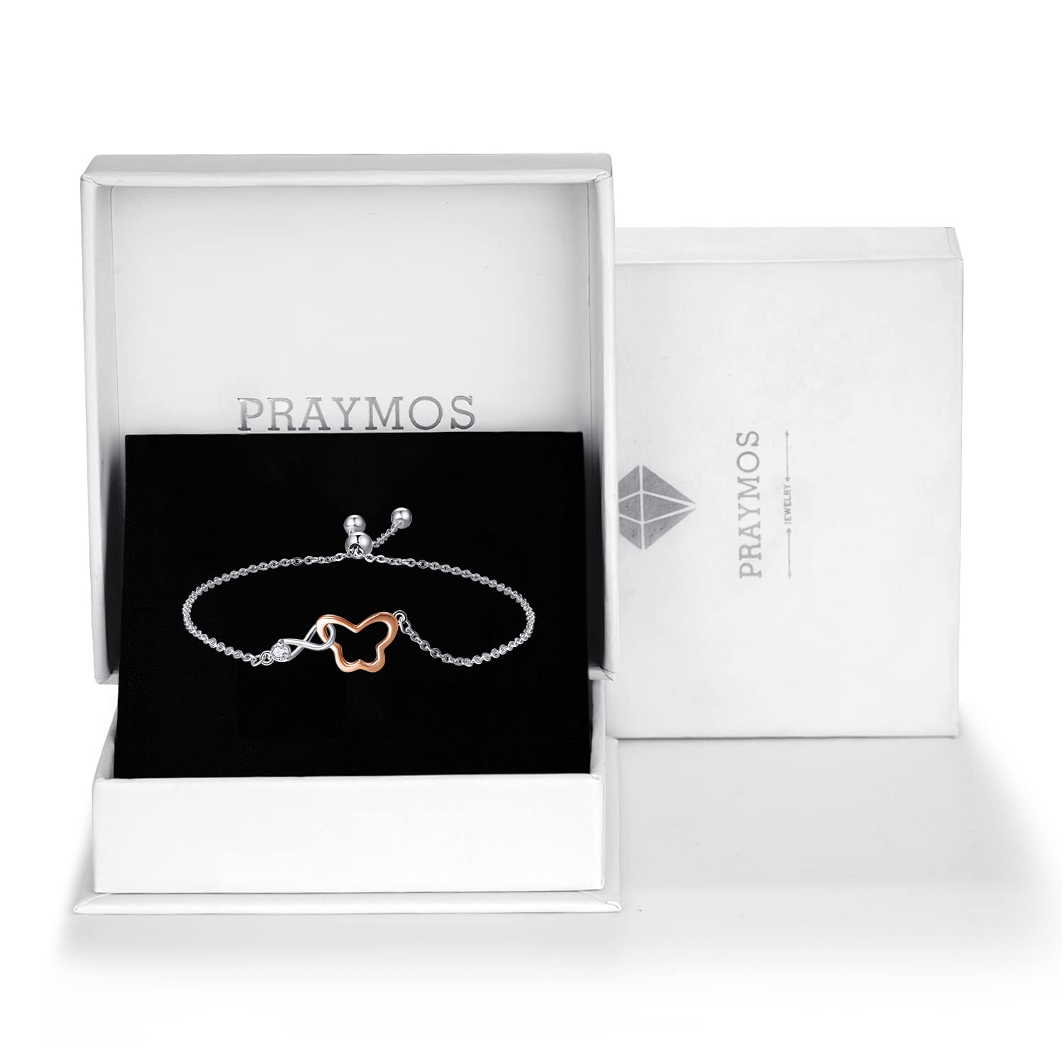 PRAYMOS Pulsera infinita de plata de ley con forma de mariposa/corazón de amor, joyería regalo de cumpleaños para mujeres, niñas, esposa, mamá, hermanas, cadena ajustable de 7 pulgadas + 2 pulgadas