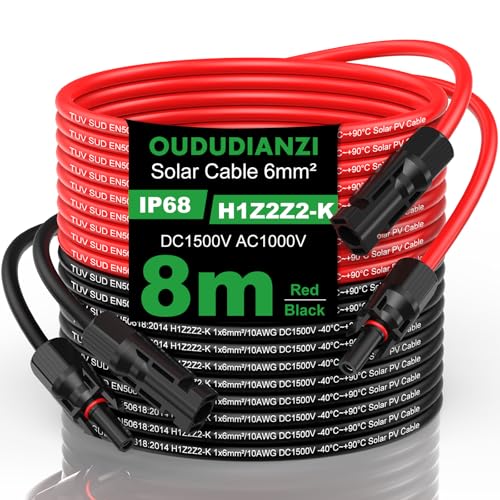 Oududianzi Cable Solar 6mm²/4mm², Prolongador Cable Placa Solar 1/2/3/5/8/10/15/20/30m, Cable de Extensión, Cable fotovoltaico con Conectores para Paneles Solares Sistemas (6mm² 8m)