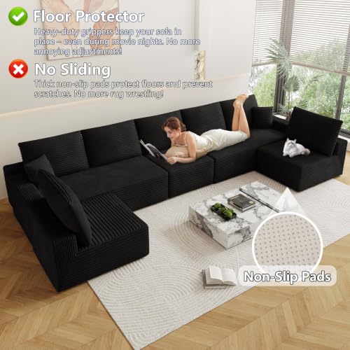 Image of Oversized Modular Sectional Sofa Couch, Large 7 Seater Corner Sofa Modern U Shaped Sectional Couch Cloud Couches for Living Room, Office, Spacious Space, Corduroy, No Assembly Required, Black