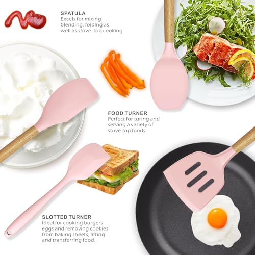 Image of Premium Silicone Kitchen Spatula Set for Cooking | Heat Resistant Spatula for Non Stick Pan with Wooden Handle & Holder | Steel Core Silicone Spatula | Non-Stick Kitchen Utensils Set (12 Pcs)
