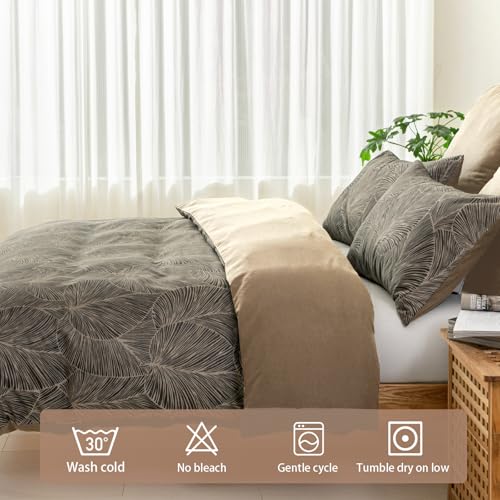 Image of Lekesky Queen Size Duvet Cover Set, Reversible Queen Comforter Cover with Tropical Leaves Pattern, Soft 100% Washed Microfiber 3 Pieces Khaki Bedding Set with Zipper and 2 Pillowcases