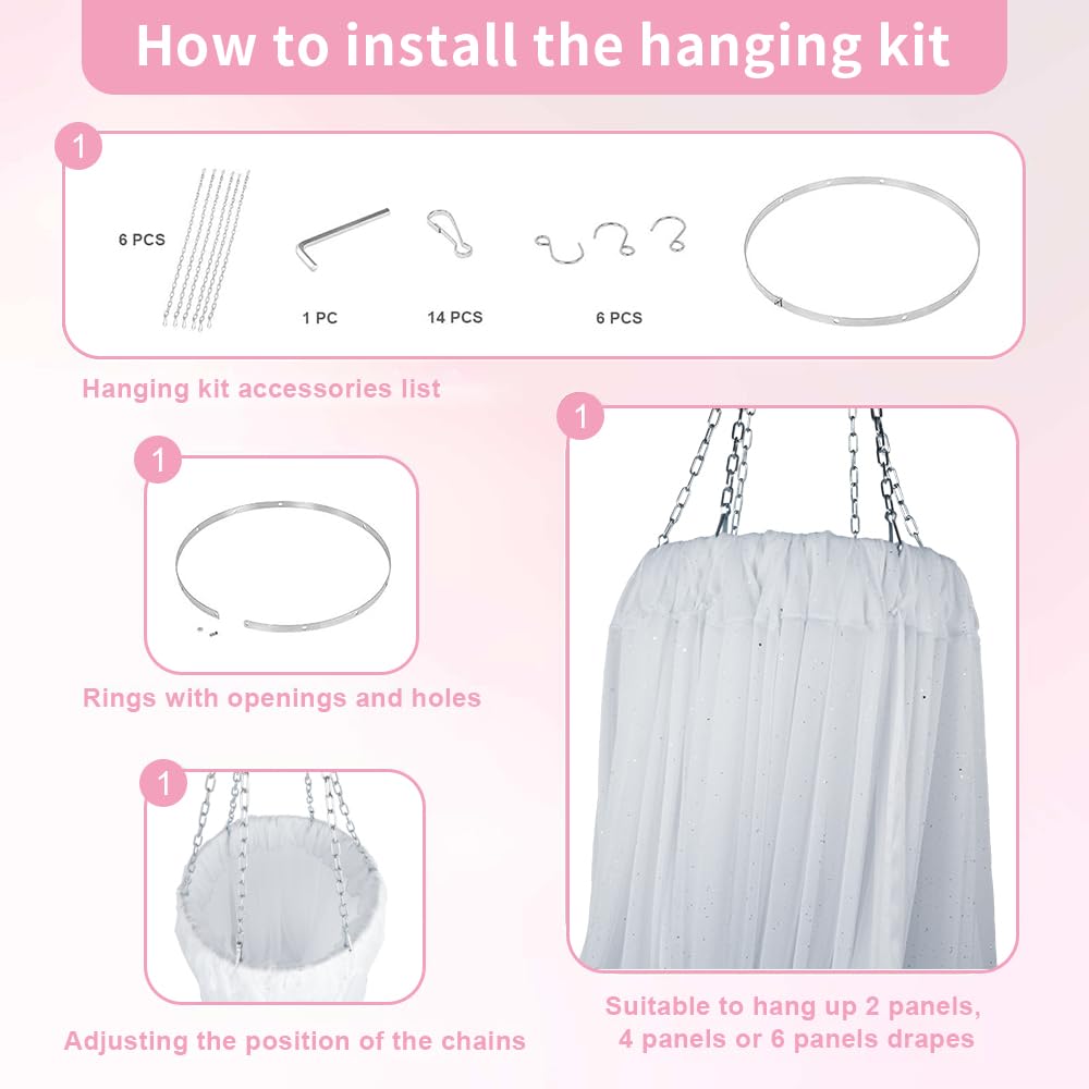 Deckenvorhänge zum Aufhängen für Hochzeit, mit Ring zum Aufhängen und 6 Paneelen, 1,5 x 4,6 m, weiß, durchsichtiger Chiffon-Stoff, Deckenvorhänge für Hochzeitsbogen, Party, Zeremonie,
