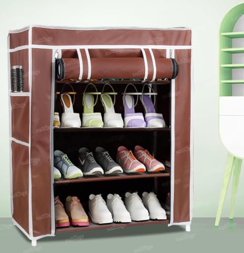 Image of Zest 4 Toyz 4 Shelf Shoe Rack for Home with Zip Door Cover & Side Pockets Shoe Stand Multipurpose Storage Rack for Footwear Toys Clothes with Dustproof Cover (Brown)