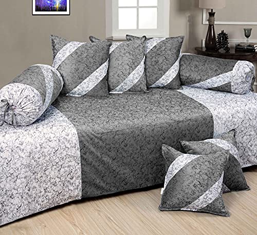 Image of Home Sajja Premium King Size Velvet Diwan Set of 8 Pieces (1 Diwan Sheet, 2 Bolster Covers with dori and 5 Cushion Covers) (Grey & Off White, Stripe)