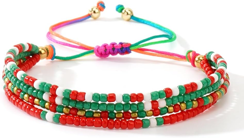 Colorful handmade boho bracelets with tiny red green gold beads