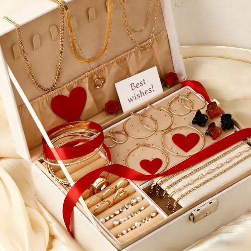 YEEZII 56 Pcs Gold Jewelry Sets for Women with 5Pcs Layered Necklace, 5Pcs Layered Necklace, 12 Bracelets, 4 Hoop Earrings, 8 Stackable Rings, 10 hairpins, 12 Studs Earrings Jewerly set for Women — view 6