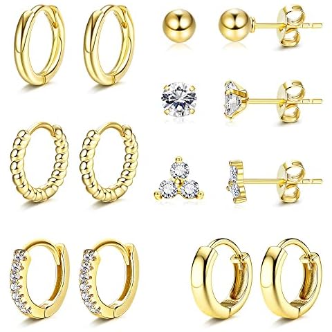 MILACOLATO Gold Huggie Hoop Earrings for Women 14k Gold Plated Hoop and Studs Earrings Set Hypoallergenic Tiny CZ Ball Earrings Cartilage Earring for Multiple Pack Cover
