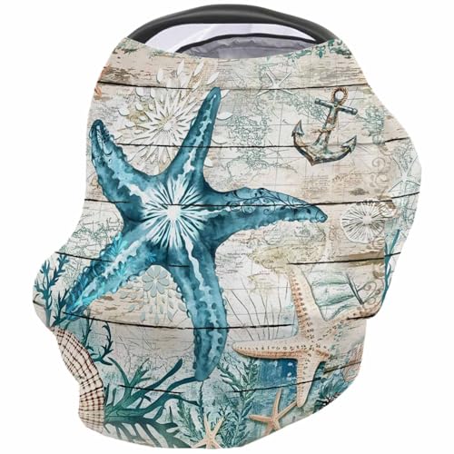 Teal Starfish Nautical Nursing Cover for Breastfeeding Scarf, Summer Ocean Retro Beige Wood Grain Baby Car Covers Super Soft Multi Use for Canopy Shopping Cart Cover Blanket Stroller Cover