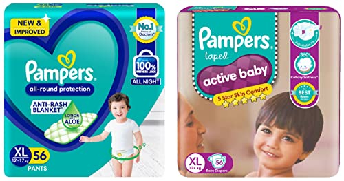 Image of Pampers Diaper Pants, XL Size, 56 Count & Active Baby Diaper, Baby Diaper XL Size, 56 Count