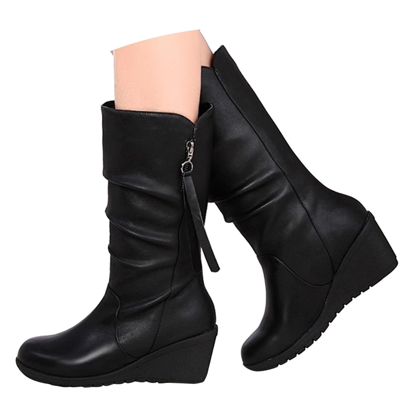 Black Wedge Boots for Women Wide Width 2025 Fashion Ruched Leather Platform Boots Non-Slip Sole Round Toe Chunky