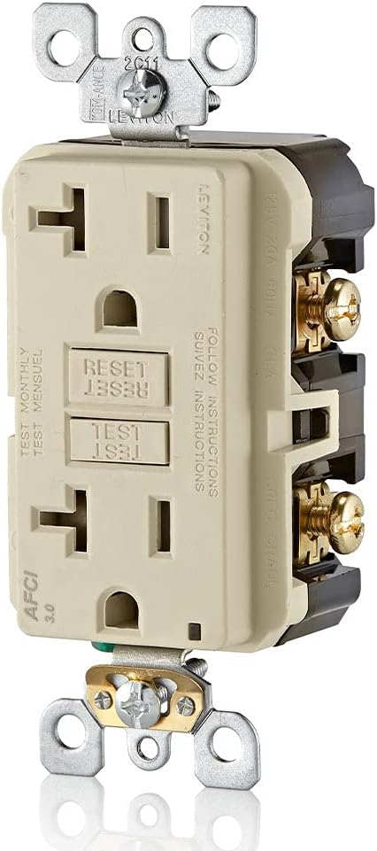 Leviton AFTR2-T 20-Amp, 120-Volt SmartlockPro Outlet Branch Circuit Arc-Fault Circuit Interrupter (AFCI) Receptacle, Wallplate Included, Light Almond - Electrical Cables - 