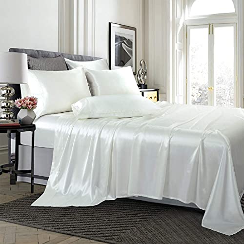Bedding Morpheus Comforter - 7 Piece Satin Comforter Set (Comforter + Flat Sheet + Fitted 15'' + 4 Pillowcases) 400 Gsm Comforter Set With Sheets(Over King Ivory) #TOP2