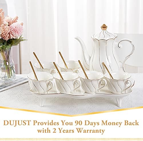 DUJUST 14 pcs Tea Set of 6 with Tea Tray & Spoons, Luxury British Style Tea/Coffee Cup Set with Golden Trim, Porcelain Tea Set for Living Room Decor, Tea Party Set, Gift Package - White