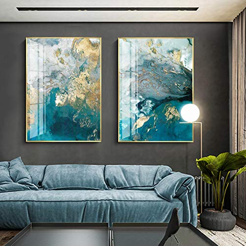 Art abstrait bleu doré moderne 60x80cm pour habiller un grand mur vide de salon