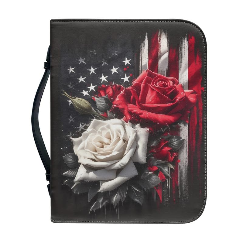 Kuiaobaty White Red Rose Floral Print Bible Cover with Handle, US Flag Pattern Faux Leather Book Cover Case with Zipper, Small Large 4 Size
